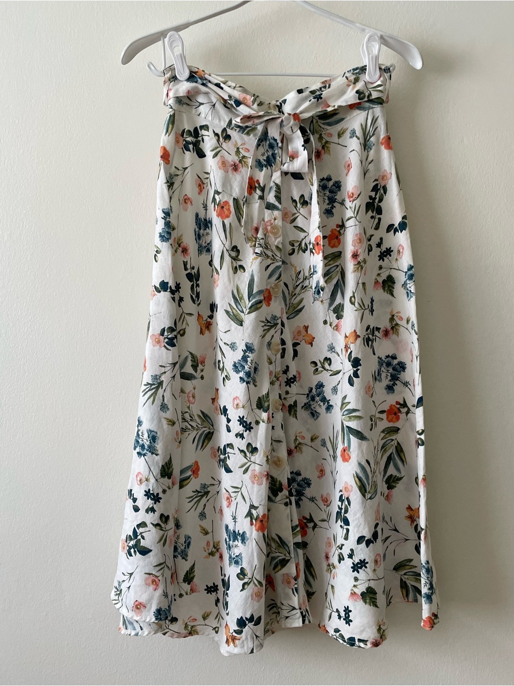 Saks Fifth Avenue 100% Linen Botanical Floral Button Front Midi Skirt, Size S
